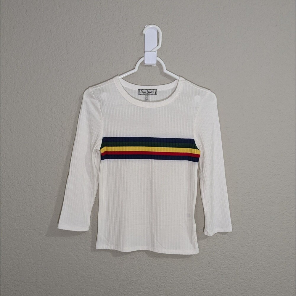 Girls White Shirt Top Rainbow Stripe 3/4 Sleeve Size M Round Neck